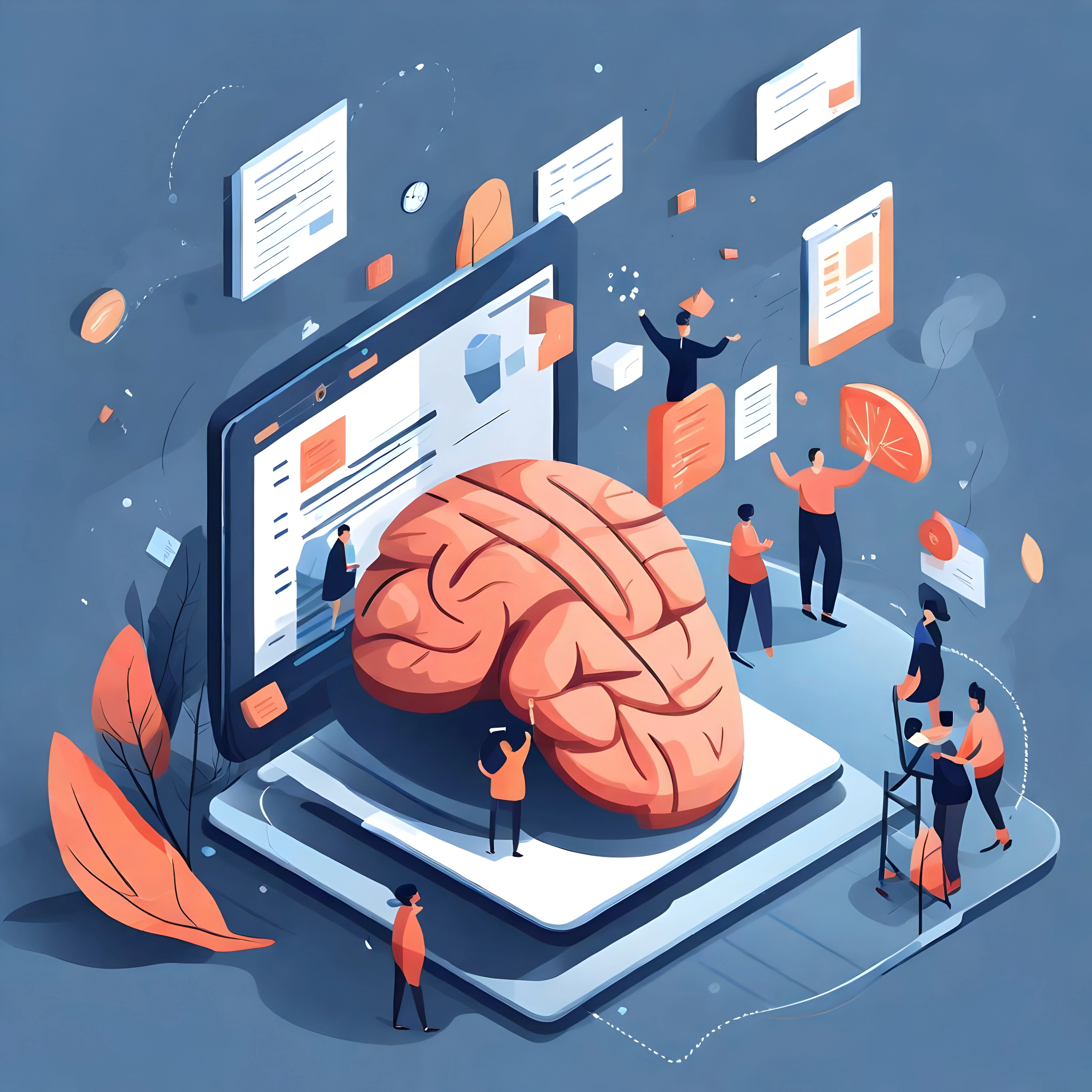 A colorful, stylized digital illustration depicting a large human brain emerging from a laptop screen, symbolizing artificial intelligence or digital learning. Surrounding the brain are miniature people interacting with floating data charts, documents, and interface elements in an abstract, futuristic workspace. The scene is set against a blue background with orange accents, representing collaboration, innovation, and the fusion of technology and human intelligence.